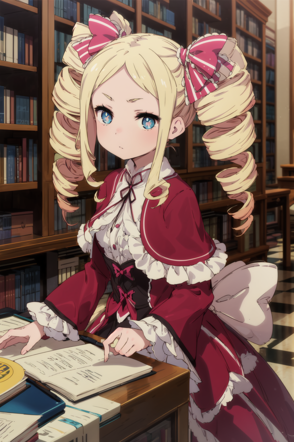 masterpiece,best quality,1girl,Betty,blonde hair,drill hair,twin drills,hair ribbon,blue eyes,expressionless,library,count...